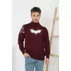 Unisex Yarım Boğazlı Baskılı Dokuma Triko - Bordo