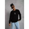 Unisex Bisiklet Yaka Baskılı Oversize Sweatshirt - Siyah