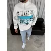 Erkek Yarım Fermuarlı Oversize Baskılı SweatShirt - Beyaz