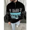 Erkek Yarım Fermuarlı Oversize Baskılı SweatShirt - Siyah