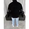 Erkek Yarım Fermuarlı Oversize Baskılı SweatShirt - Siyah