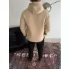 Üç İplik Kapşonlu Baskılı SweatShirt - Bej