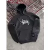 Üç İplik Kapşonlu Baskılı SweatShirt - Füme