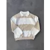 Unisex Üç İplik Parçalı Yakalı SweatShirt - Bej