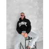 Unisex Üç İplik Kapüşonlu Baskılı SweatShirt - Siyah