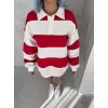 Unisex Üç İplik Parçalı Yakalı SweatShirt - Kırmızı