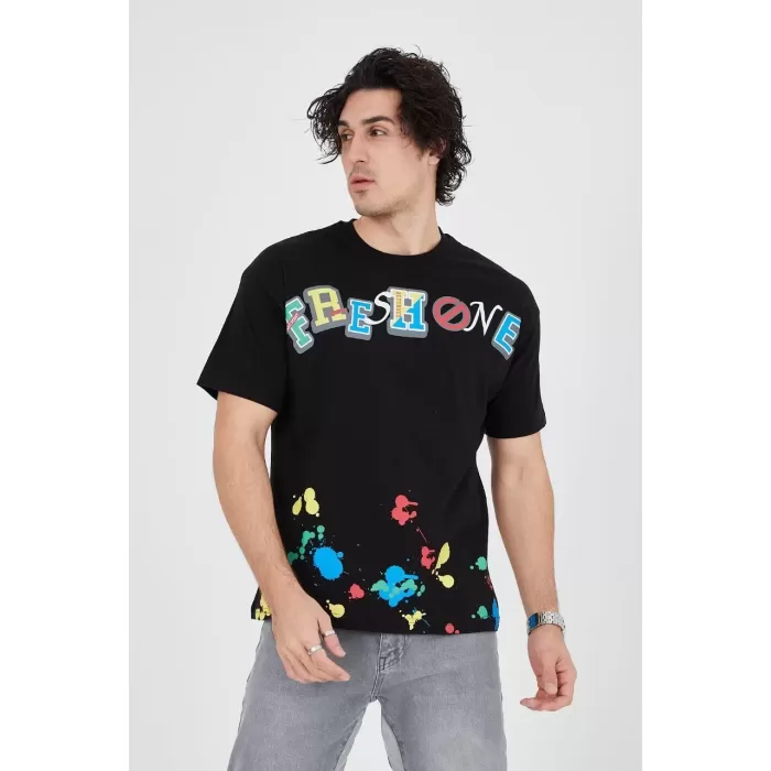 Erkek Baskılı Penye T-Shirt - Siyah