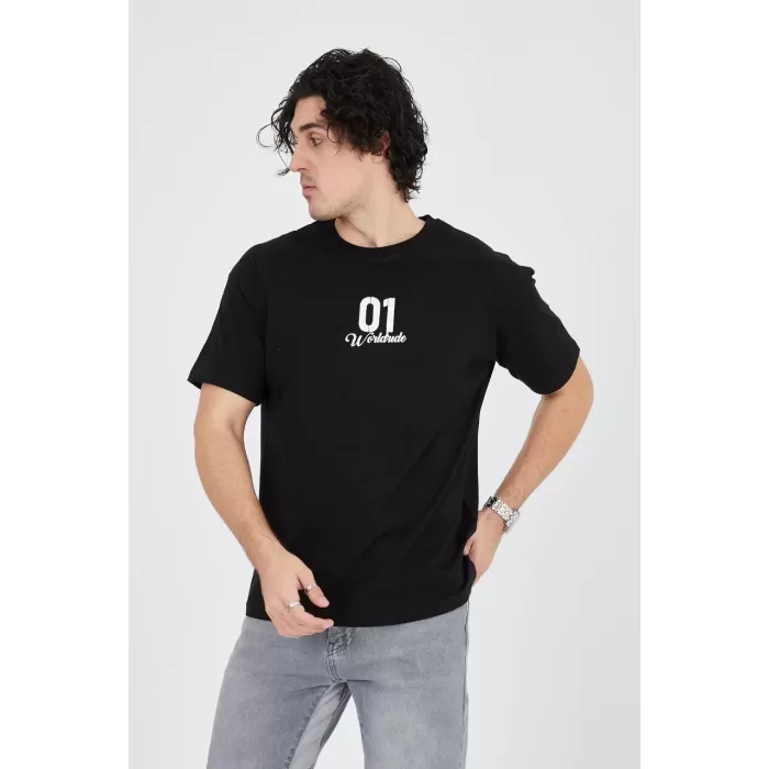 Erkek Bisiklet Yakalı Baskılı T-Shirt - Siyah