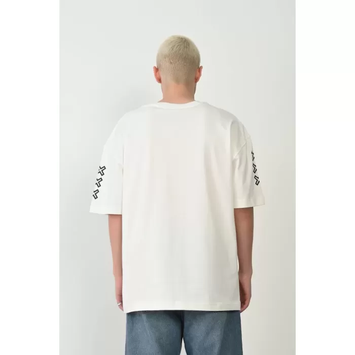 Unisex Baskılı Bisiklet Yaka Oversize T-Shirt - Beyaz