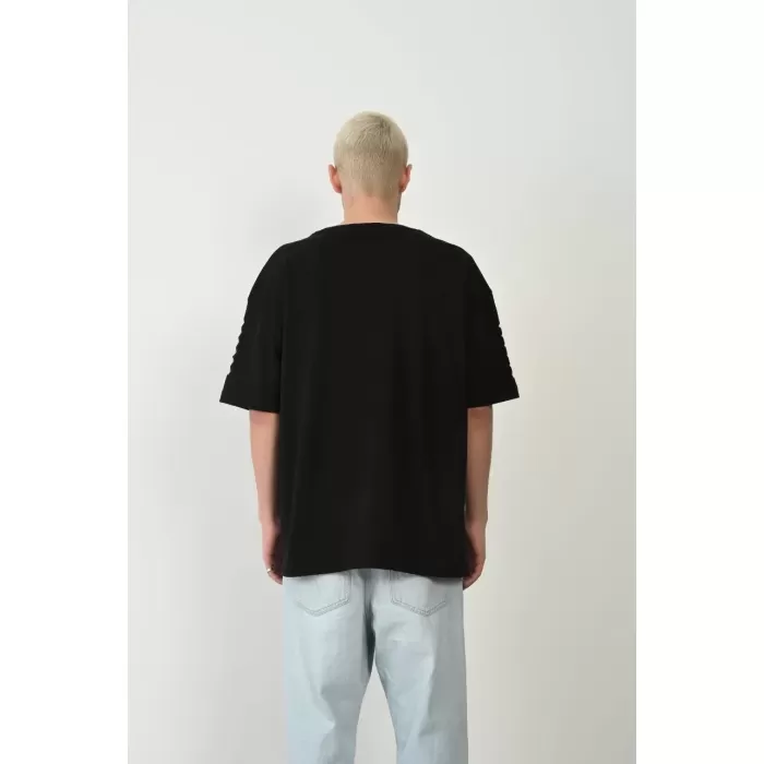 Unisex Baskılı Bisiklet Yaka Oversize T-Shirt - Siyah