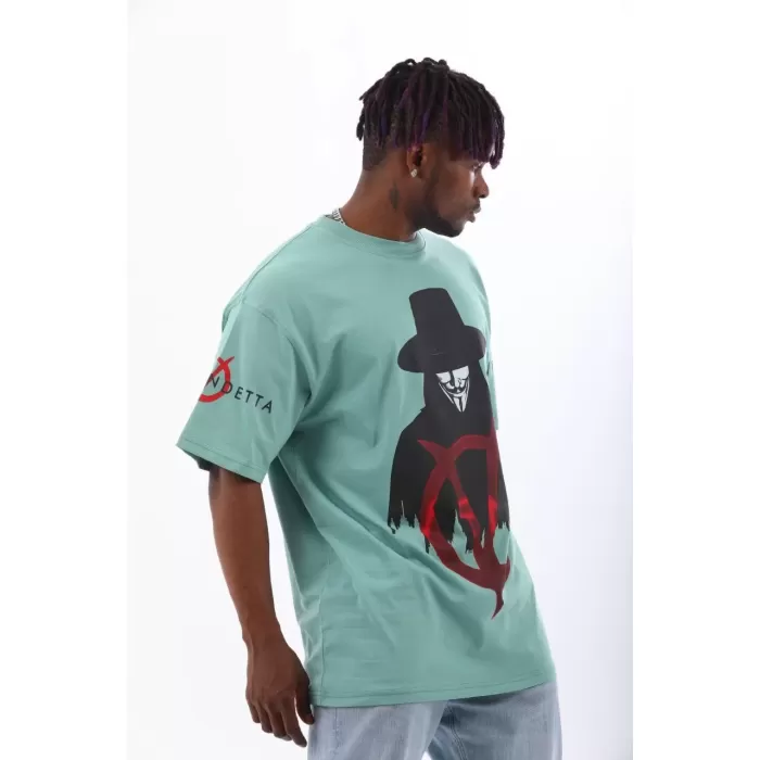 Unisex Oversize Baskılı Bisiklet Yaka T-Shirt - Mint Yeşili