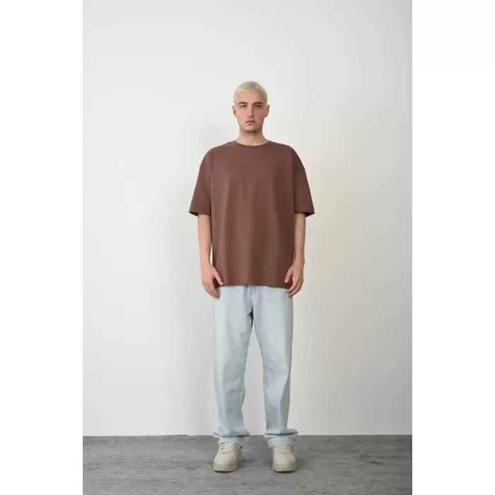 Unisex Basic Bisiklet Yaka Oversize T-Shirt - Mürdüm