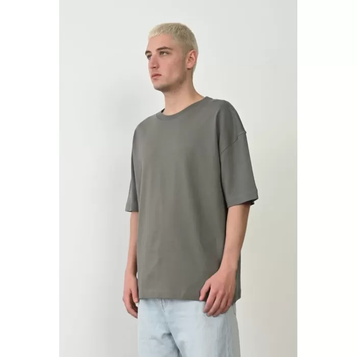 Unisex Basic Bisiklet Yaka Oversize T-Shirt - Füme