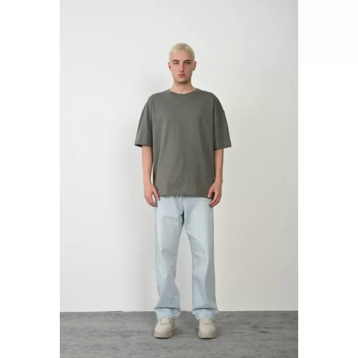 Unisex Basic Bisiklet Yaka Oversize T-Shirt - Füme