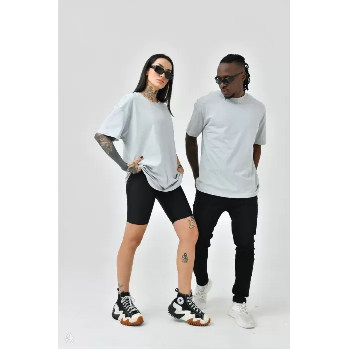 Unisex Basic Bisiklet Yaka Oversize T-Shirt - Boyalı Gri