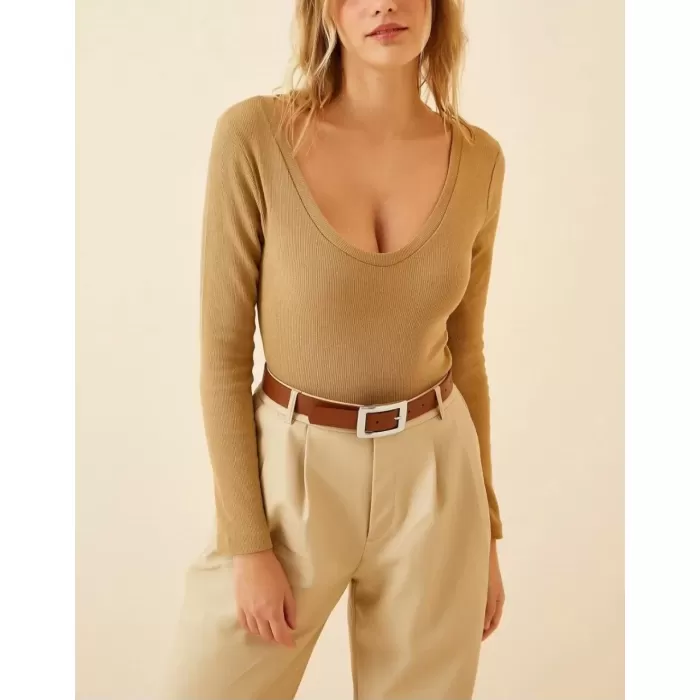 Kadın Fitilli Likralı Body Crop - Camel