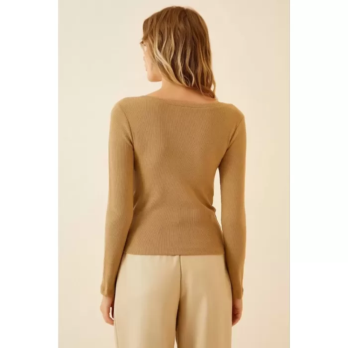 Kadın Fitilli Likralı Body Crop - Camel