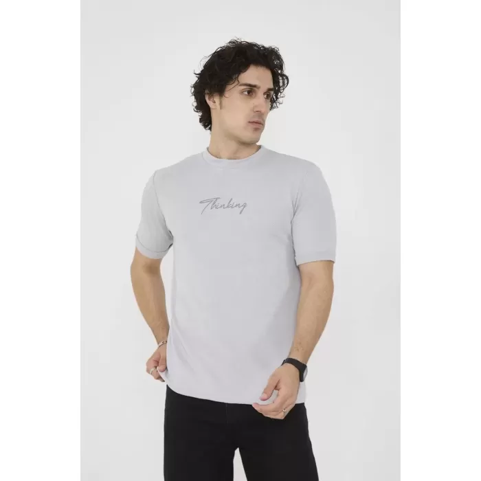 Unisex Bisiklet Yaka Slim fit T-Shirt- Boyalı Gri