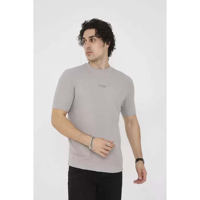 Unisex Bisiklet Yaka Slim fit T-Shirt- Boyalı Gri