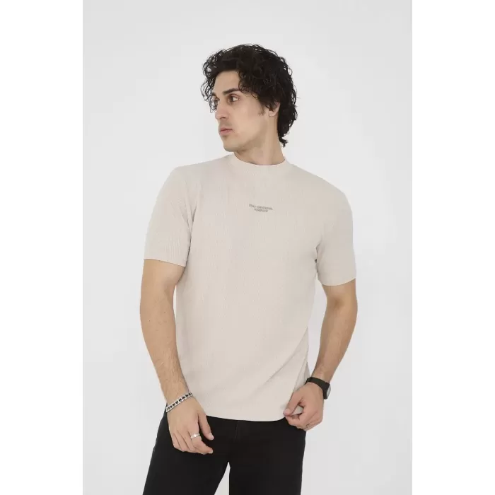 Unisex Bisiklet Yaka Slim fit T-Shirt- Bej