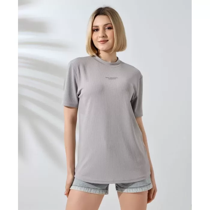 Unisex Bisiklet Yaka Baskılı Slim Fit T-Shirt - Boyalı Gri