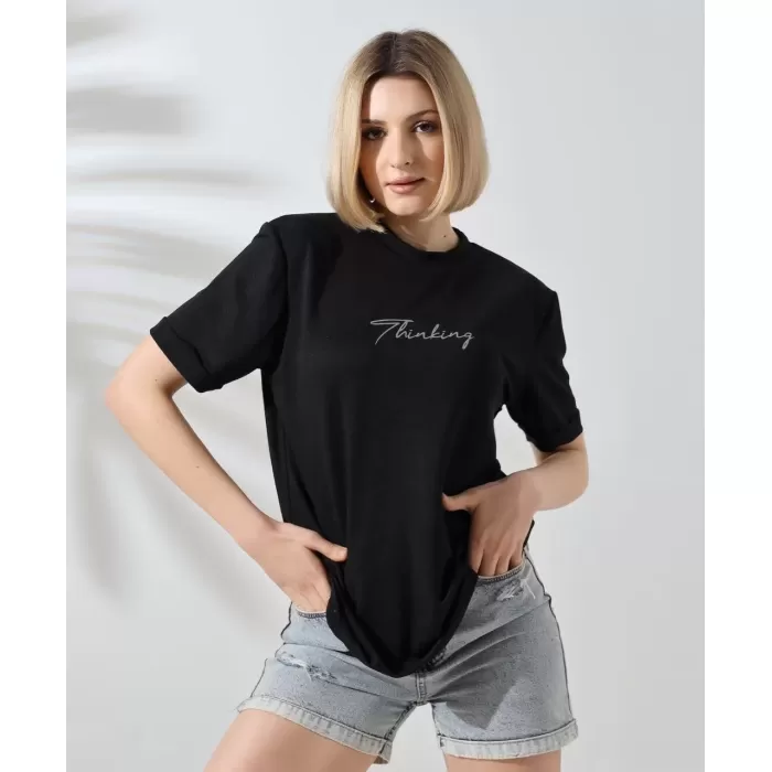 Unisex Bisiklet Yaka Baskılı Slim Fit T-Shirt - Siyah