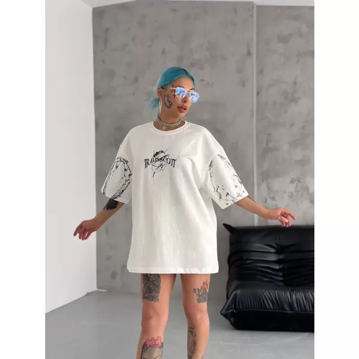 Unisex Bisiklet Yaka Baskılı Oversize T-Shirt - Beyaz