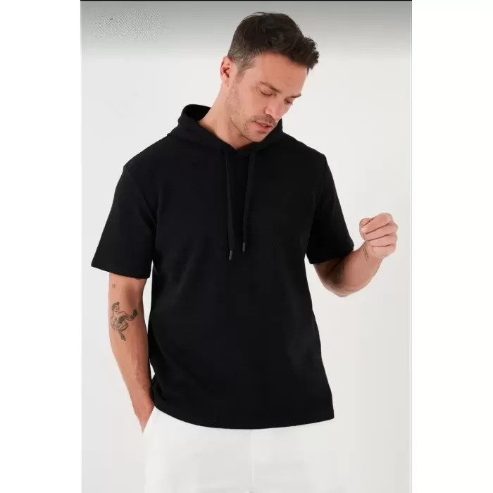 Unisex Kapşonlu Kısa Kol Düz Oversize T-shirt - Siyah