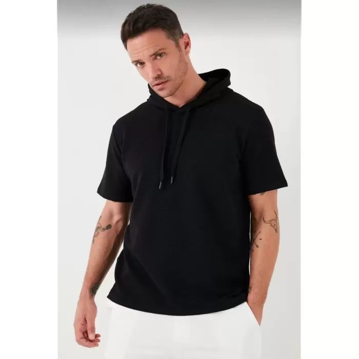 Unisex Kapşonlu Kısa Kol Düz Oversize T-shirt - Siyah