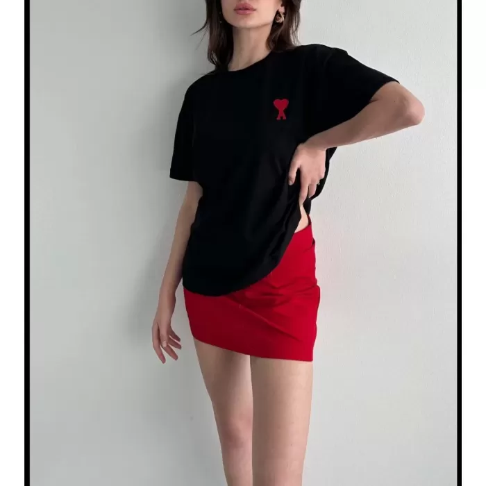 Unisex Bisiklet Yaka Baskılı Oversize T-Shirt - Siyah