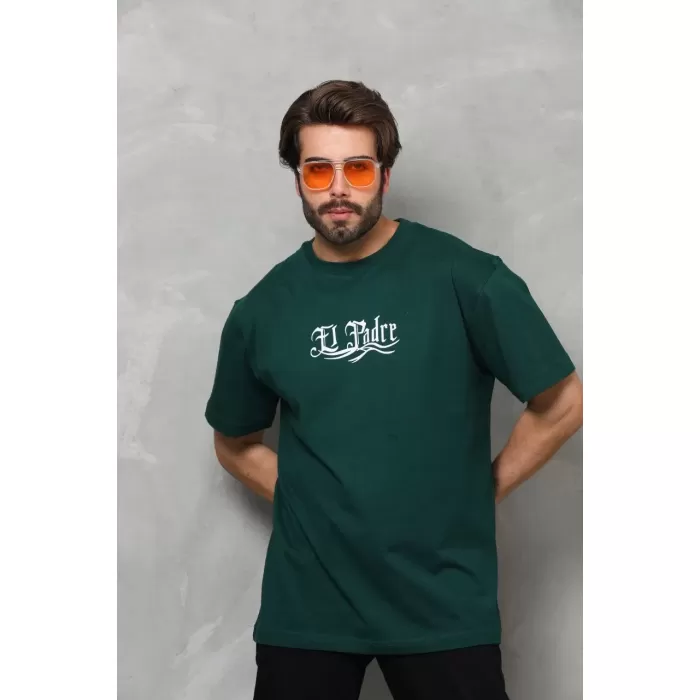 Unisex Bisiklet Yaka Baskılı Oversize T-Shirt - Yeşil