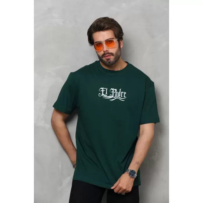 Unisex Bisiklet Yaka Baskılı Oversize T-Shirt - Yeşil