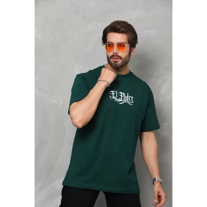 Unisex Bisiklet Yaka Baskılı Oversize T-Shirt - Yeşil