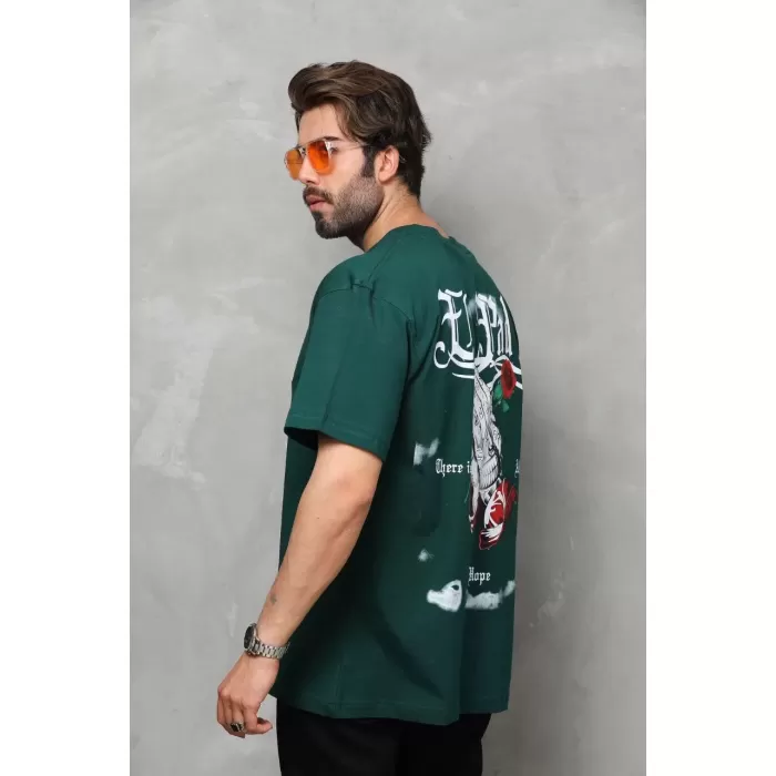 Unisex Bisiklet Yaka Baskılı Oversize T-Shirt - Yeşil