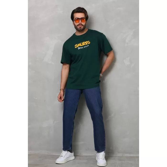 Unisex Basic Bisiklet Yaka Oversize T-Shirt - Yeşil