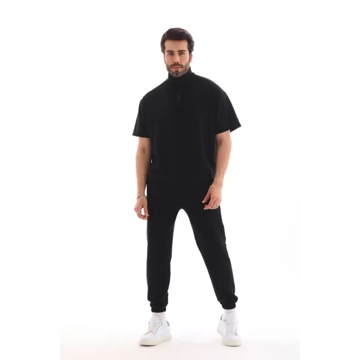 Unisex Yakalı Oversize T-Shirt Eşofmanlı Takım - Siyah