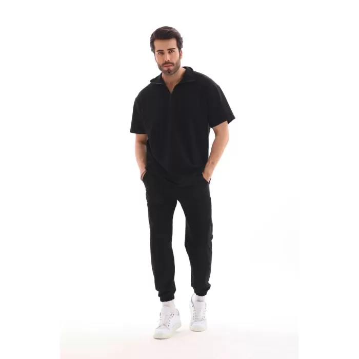 Unisex Yakalı Oversize T-Shirt Eşofmanlı Takım - Siyah