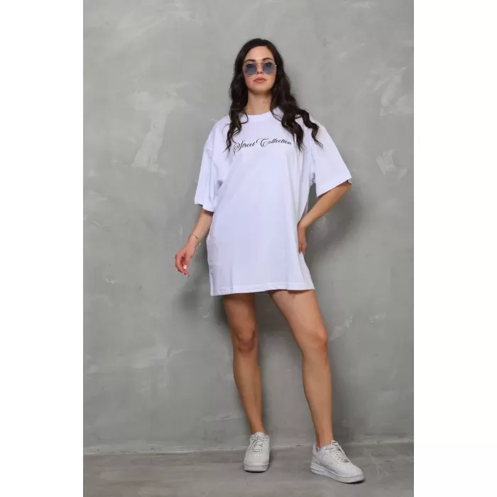 Unisex Bisiklet Yaka Baskılı Oversize T-Shirt - Beyaz