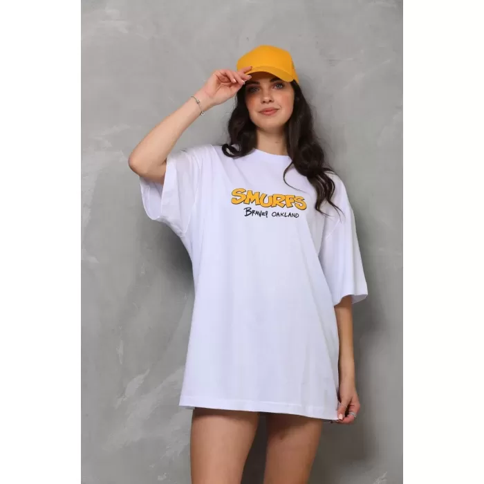 Unisex Bisiklet Yaka Baskılı Oversize T-Shirt - Beyaz