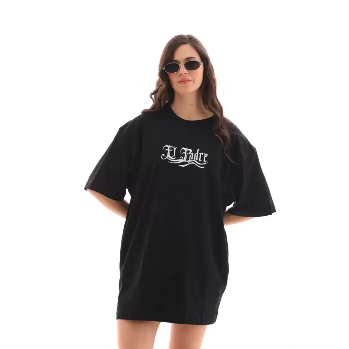 Unisex Bisiklet Yaka Baskılı Oversize T-Shirt - Siyah