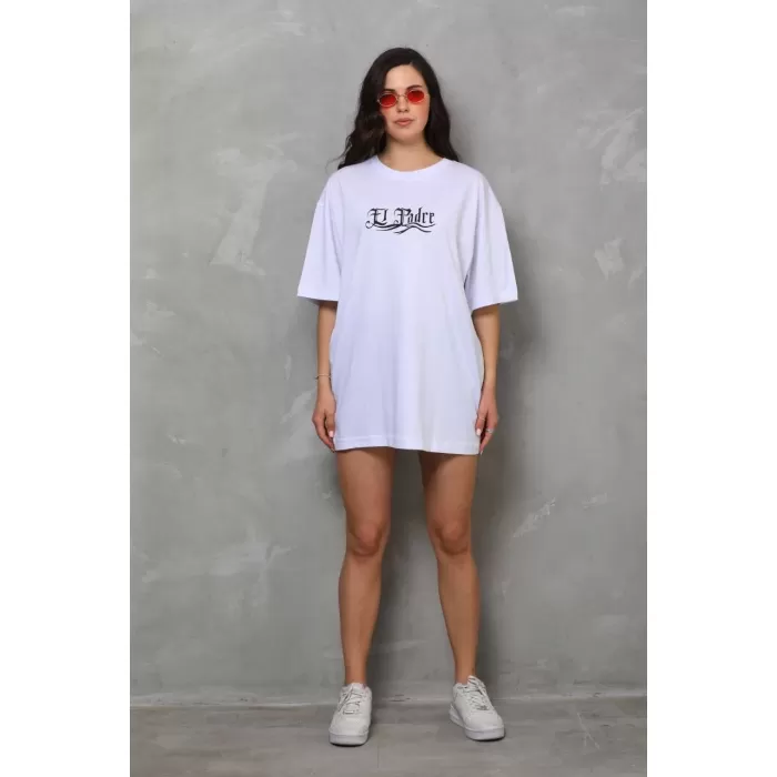 Unisex Bisiklet Yaka Baskılı Oversize T-Shirt - Beyaz