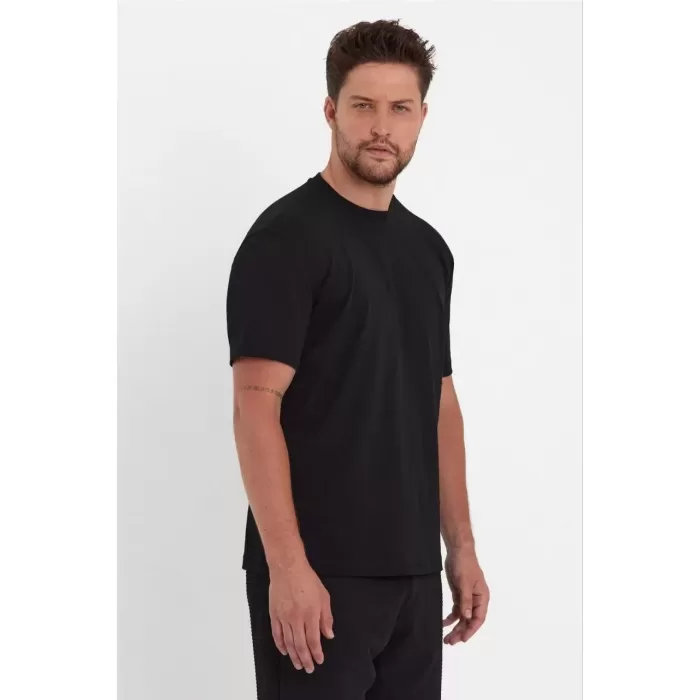 Unisex Düz Biskilet Yaka Oversize T-shirt - Siyah