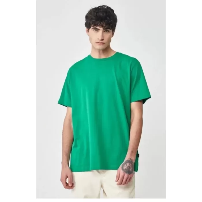 Unisex Düz Biskilet Yaka Oversize T-shirt - Yeşil