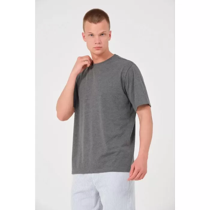 Unisex Düz Biskilet Yaka Oversize T-shirt - Füme