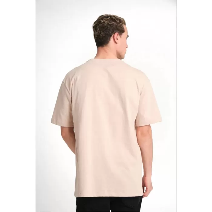 Unisex Düz Biskilet Yaka Oversize T-shirt - Bej