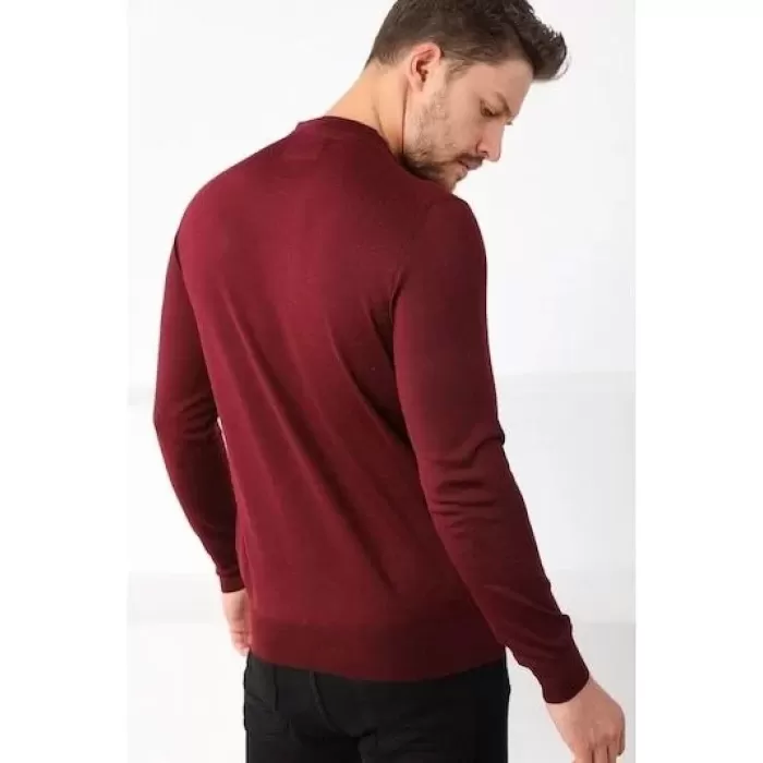 Unisex Uzun Kol Biskilet Yaka Dokuma Triko - Bordo