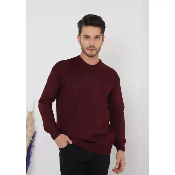 Unisex Uzun Kol Biskilet Yaka Dokuma Triko - Bordo