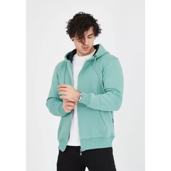 Unisex Tam Fermuarlı Kapşonlu  SweatShirt - Mint Yeşili