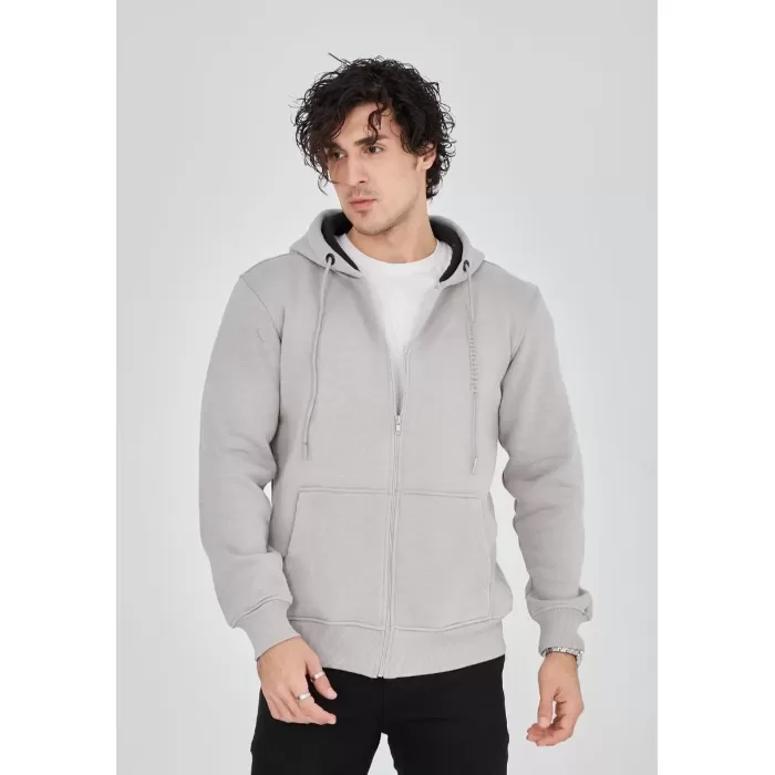 Unisex Tam Fermuarlı Kapşonlu  SweatShirt - Boyalı Gri