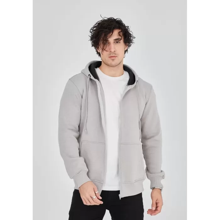 Unisex Tam Fermuarlı Kapşonlu  SweatShirt - Boyalı Gri